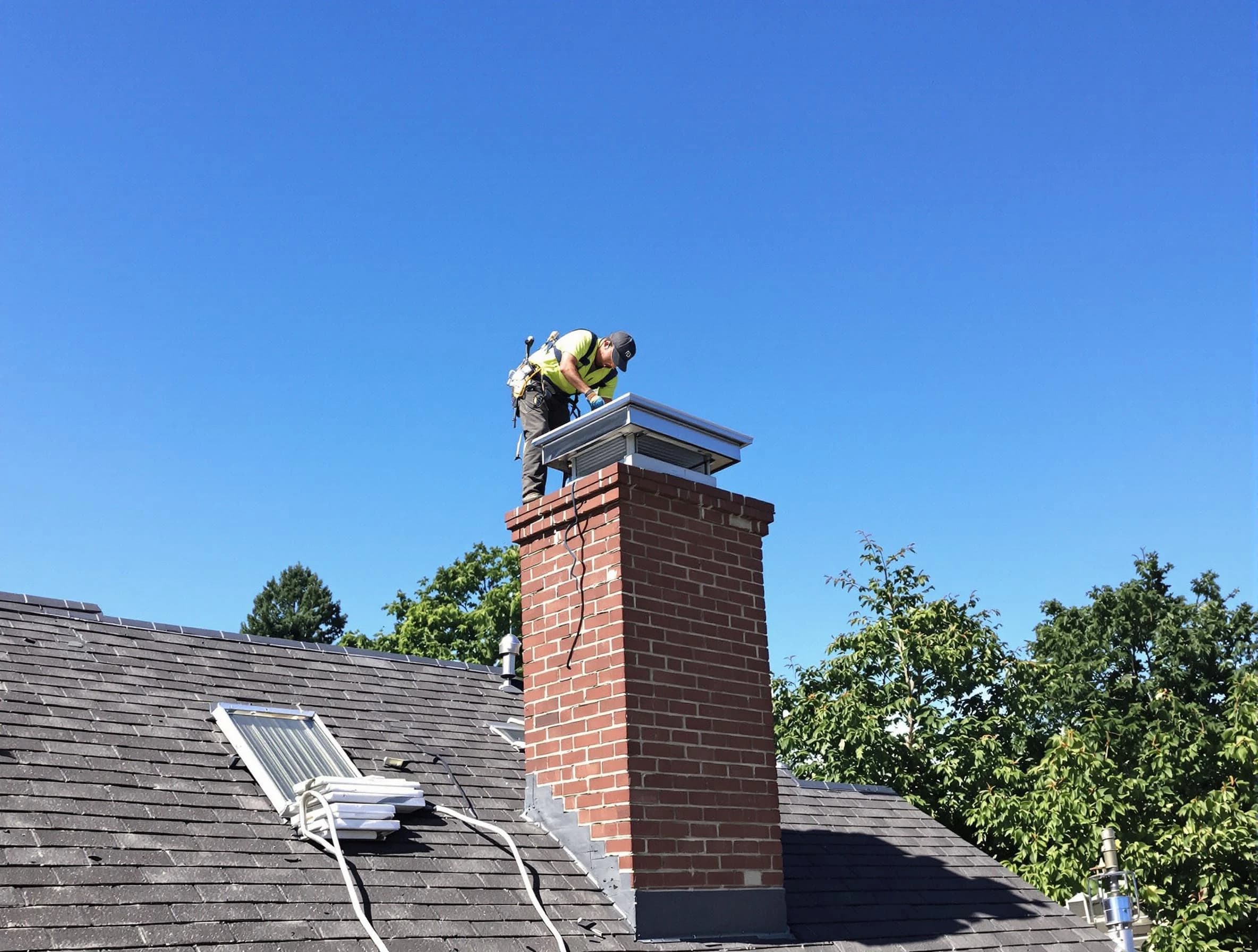 North Bergen Chimney Sweep technician measuring a chimney cap in North Bergen, NJ